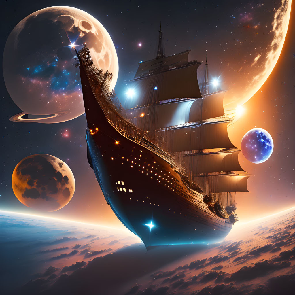 Fantasy sailing ship in cosmic sky with planets and stars