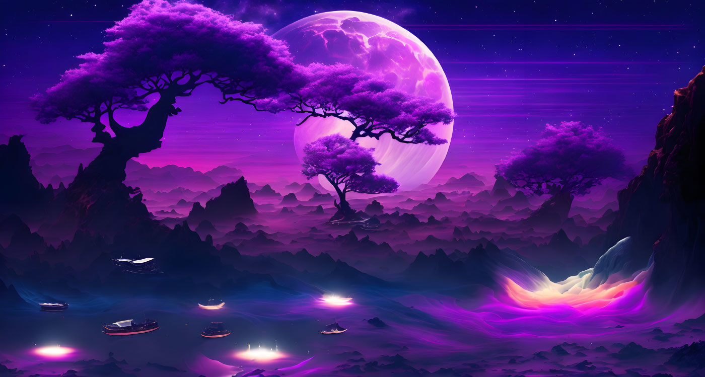 Mystical landscape with purple trees, moon, mountains, boats, and starry sky