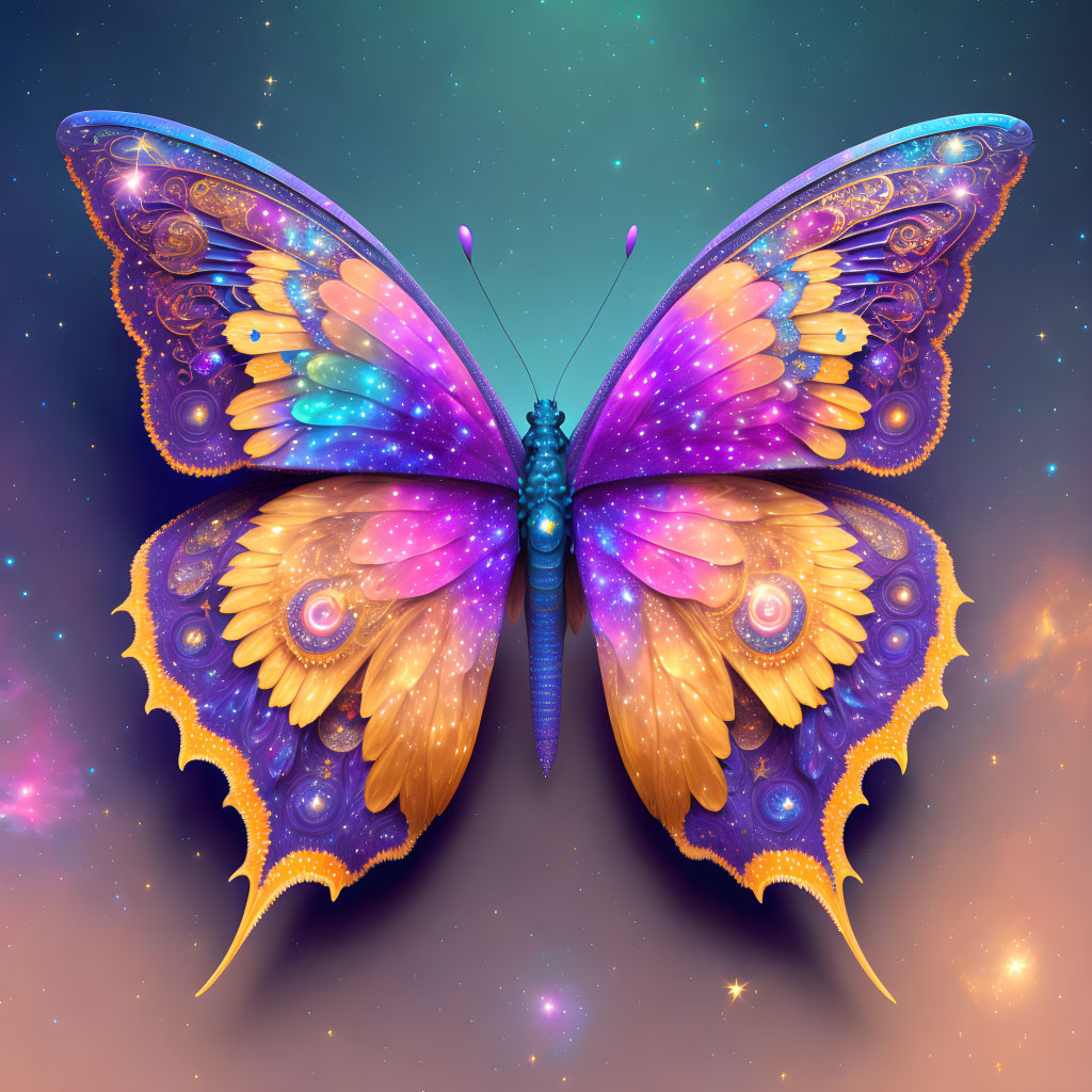 Colorful Butterfly Illustration with Ornate Wings on Cosmic Background