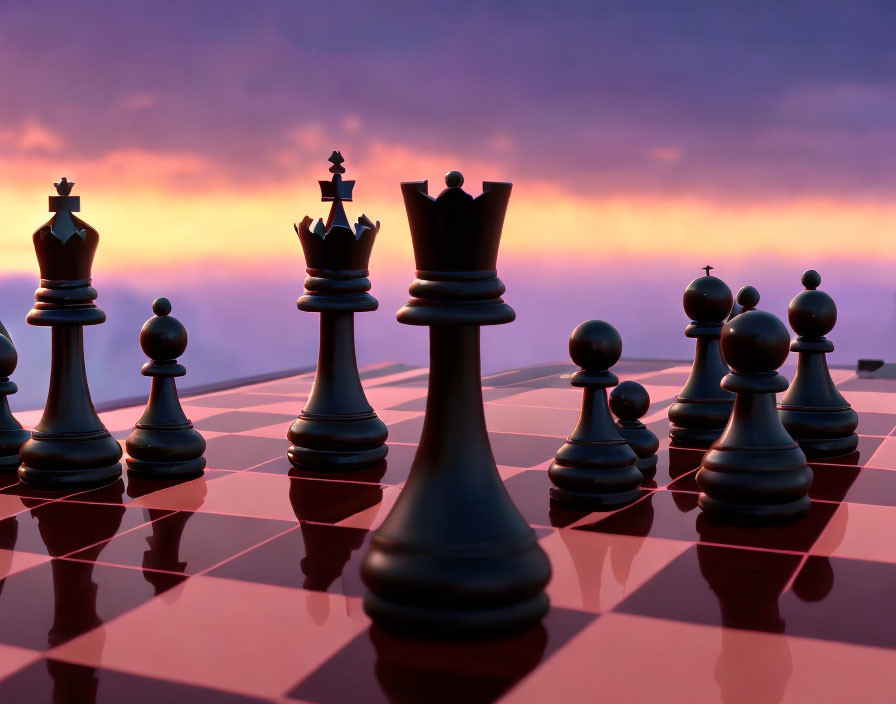 Chess Set Silhouetted Against Radiant Purple Sunset Sky