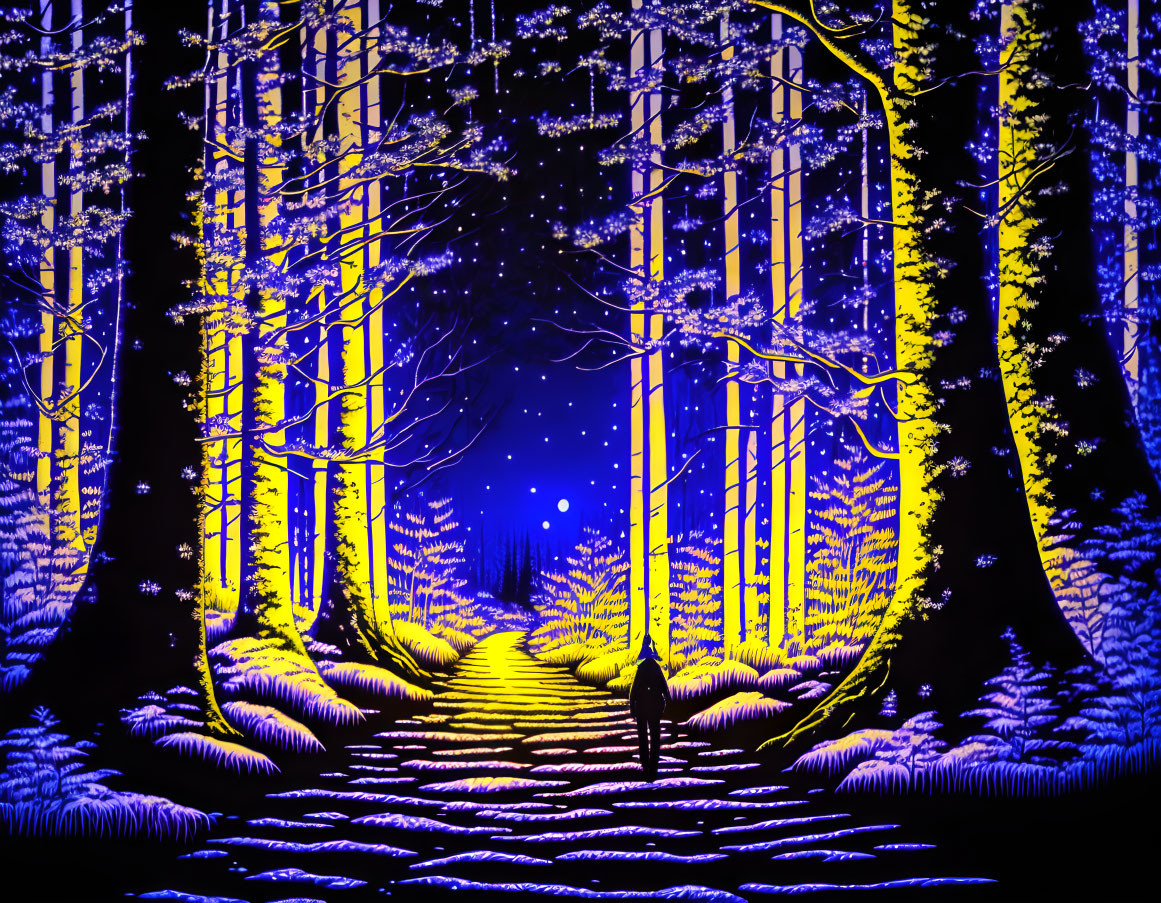 Person walking on snowy path in neon-lit forest with falling snow and twinkling stars