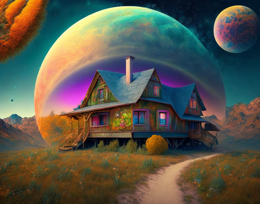 Vibrant fantasy landscape with colorful wooden house and oversized planets.