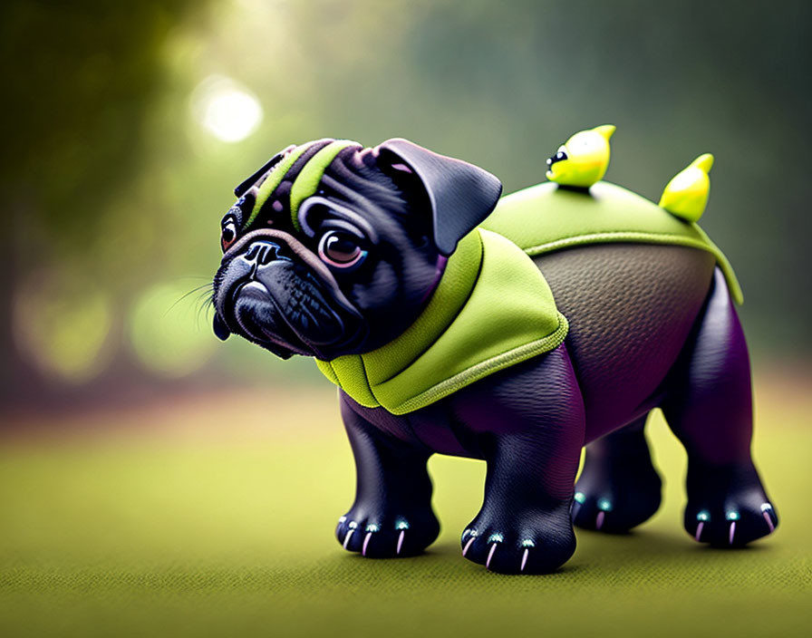 Cartoonish pug with turtle shell and birds on green backdrop