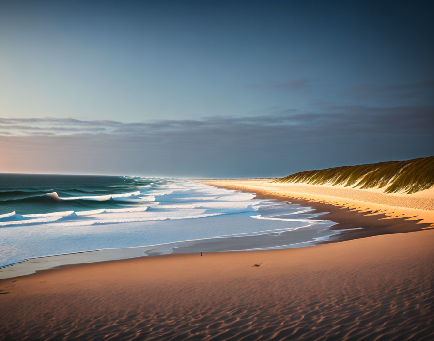 Tranquil beach scene: sunset, gentle waves, golden sand dunes, vast ocean, gradient