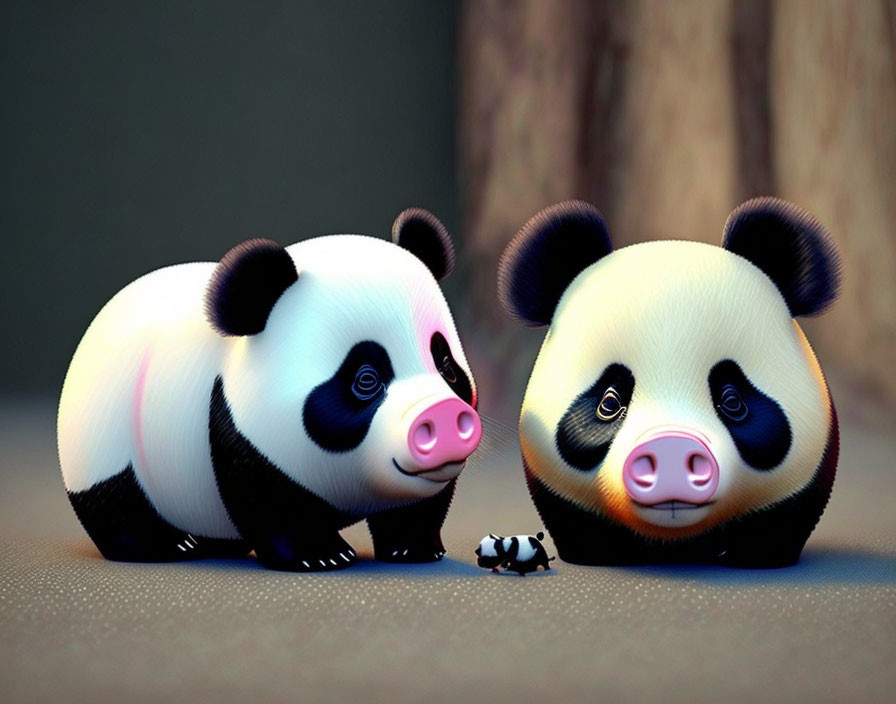 Exaggerated animated pandas examining small object.