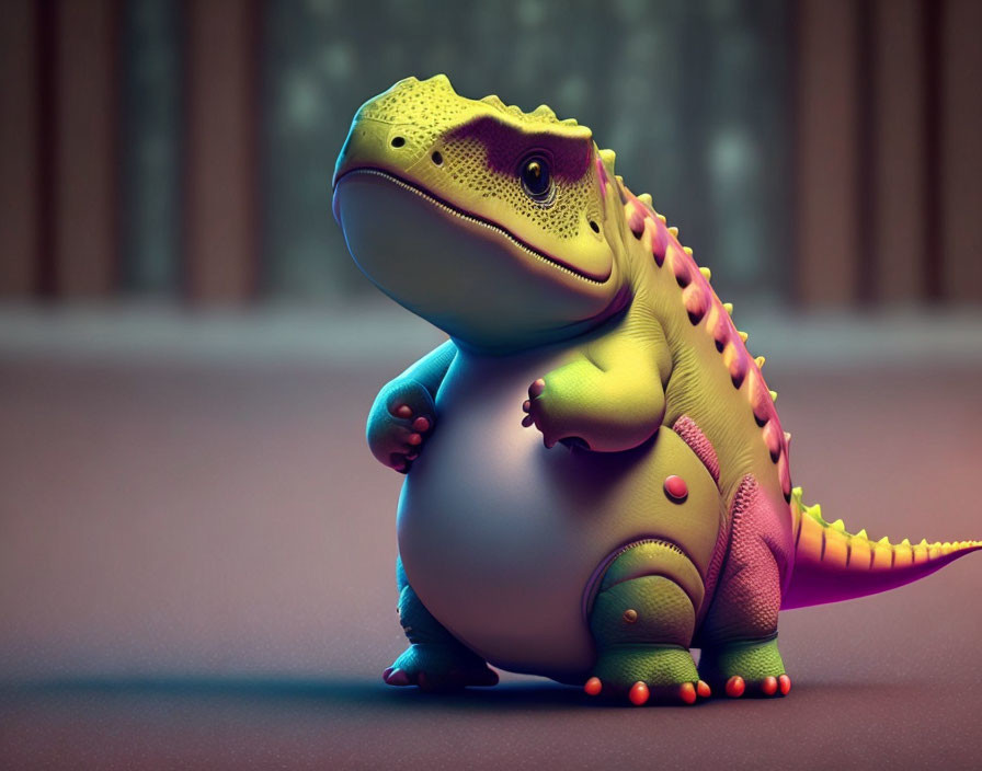 Colorful, stylized chubby dinosaur illustration in yellow, purple, and green hues.