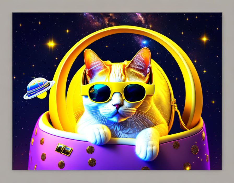 Digital Art: Orange Cat in Sunglasses Inside Purple Space Helmet