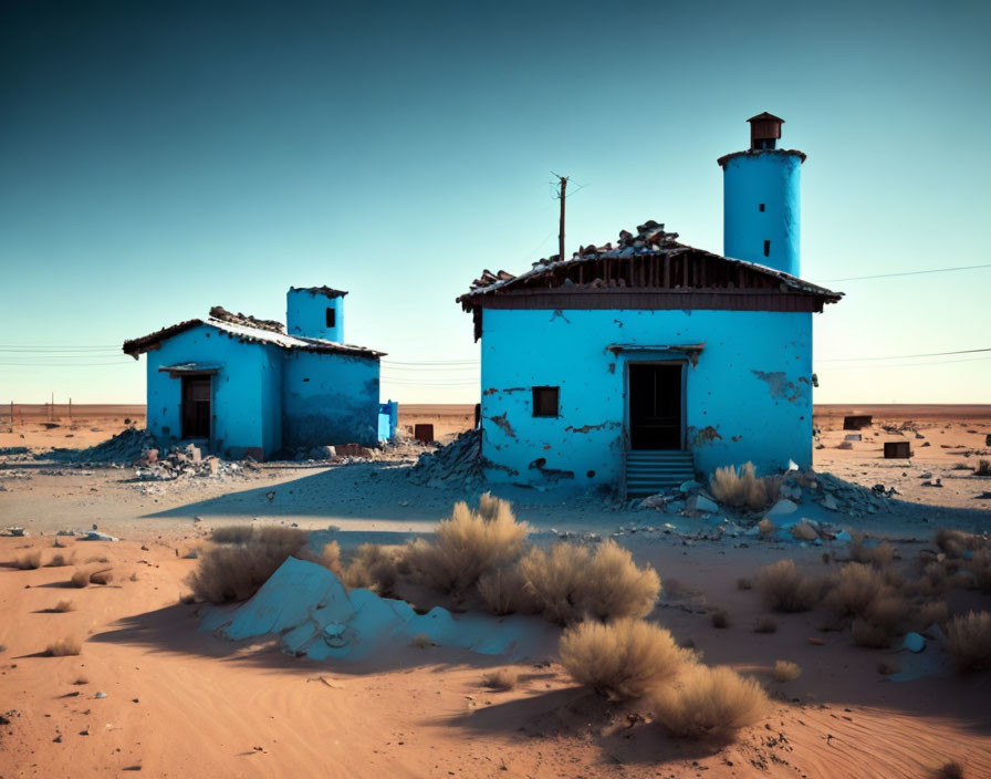 Abandoned blue buildings with lighthouse in desert landscape