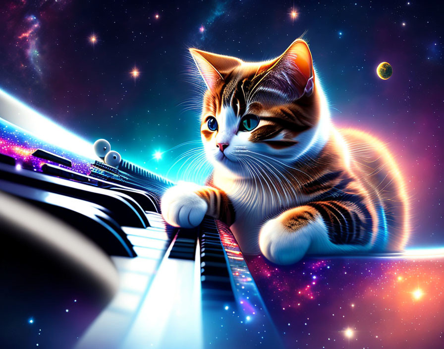 Unique Cat with Striking Markings on Piano Keyboard in Cosmic Setting