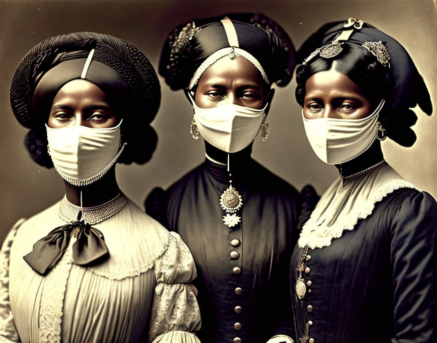 Three women in vintage attire wearing protective masks, standing closely together