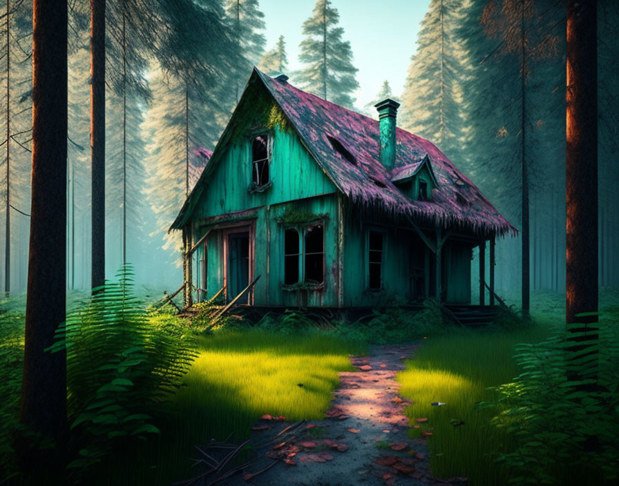 Turquoise Cottage in Misty Forest with Mossy Roof