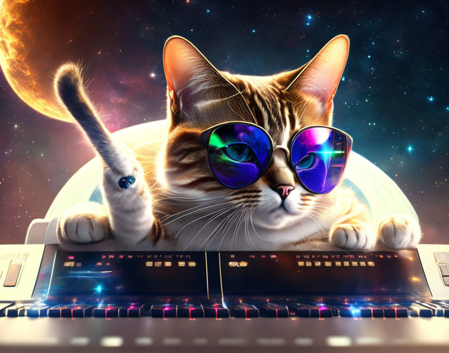 Cool Cat Plays Keyboard in Space with Planets and Stars