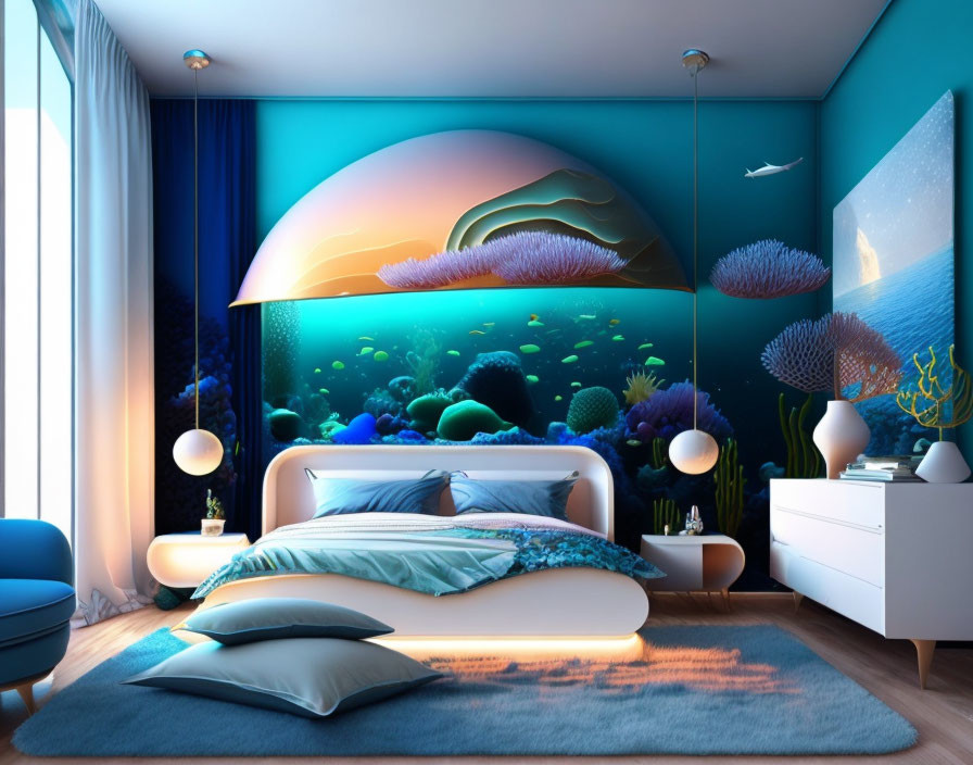 Underwater-themed bedroom with aquarium mural, blue walls, modern furniture, ocean decor