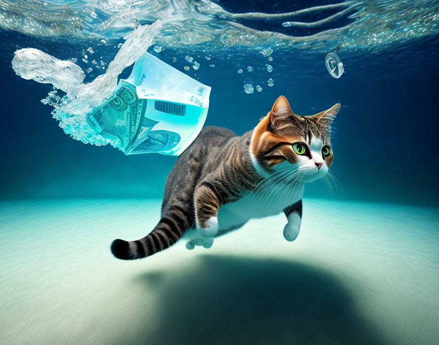 Striped cat swimming with money, face mask, and bubbles.