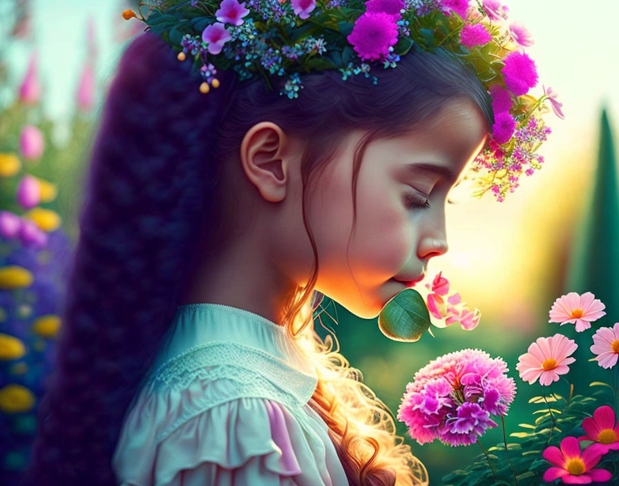 Young girl with floral crown surrounded by vibrant flowers at twilight.