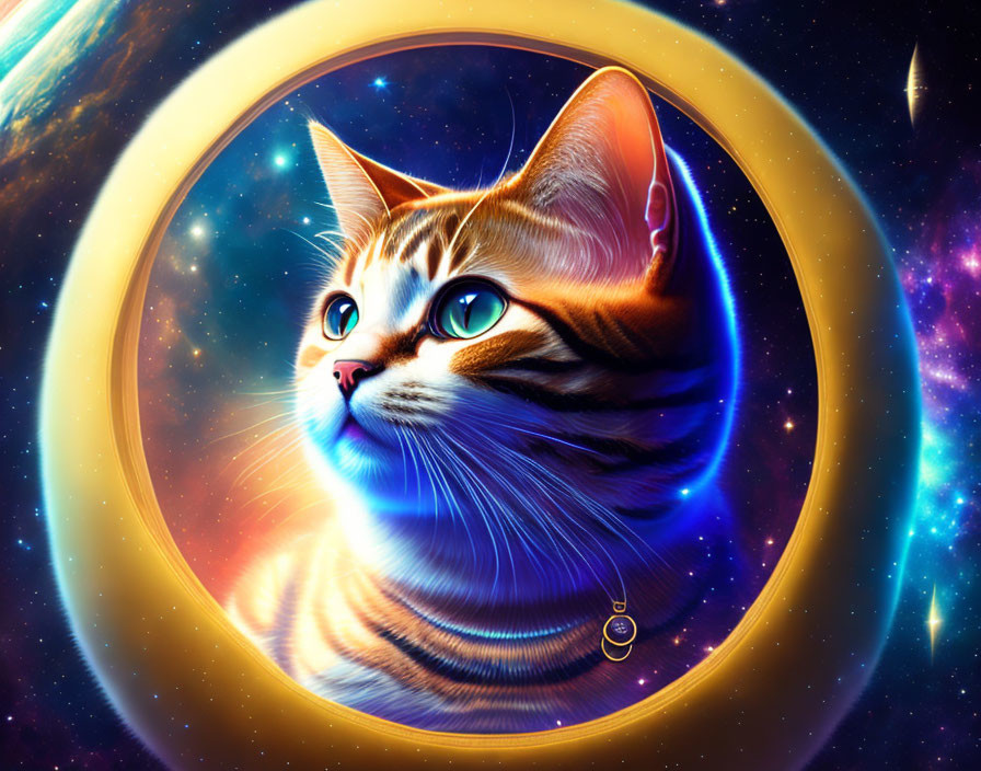 Colorful Cat with Blue Eyes in Cosmic Space Scene