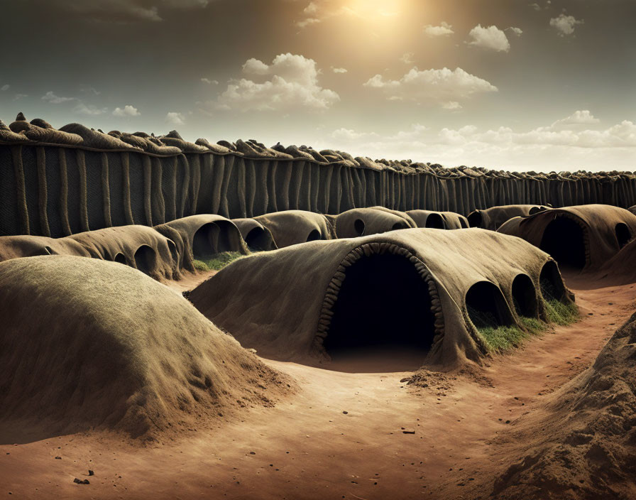 Sand-covered rounded structures in subterranean village under hazy sky.