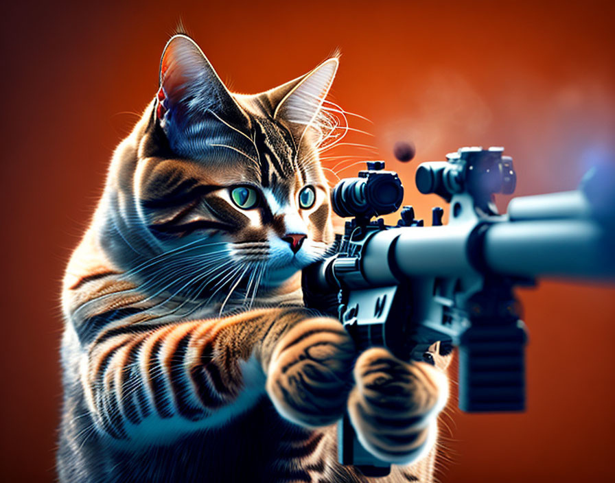 Digitally manipulated tabby cat with human-like paws holding a rifle on warm-toned background