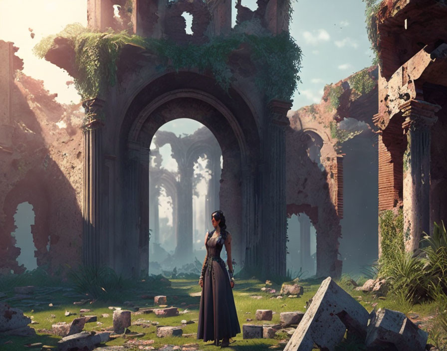 Woman in Black Dress Standing in Overgrown Ruins Under Sunlit Sky