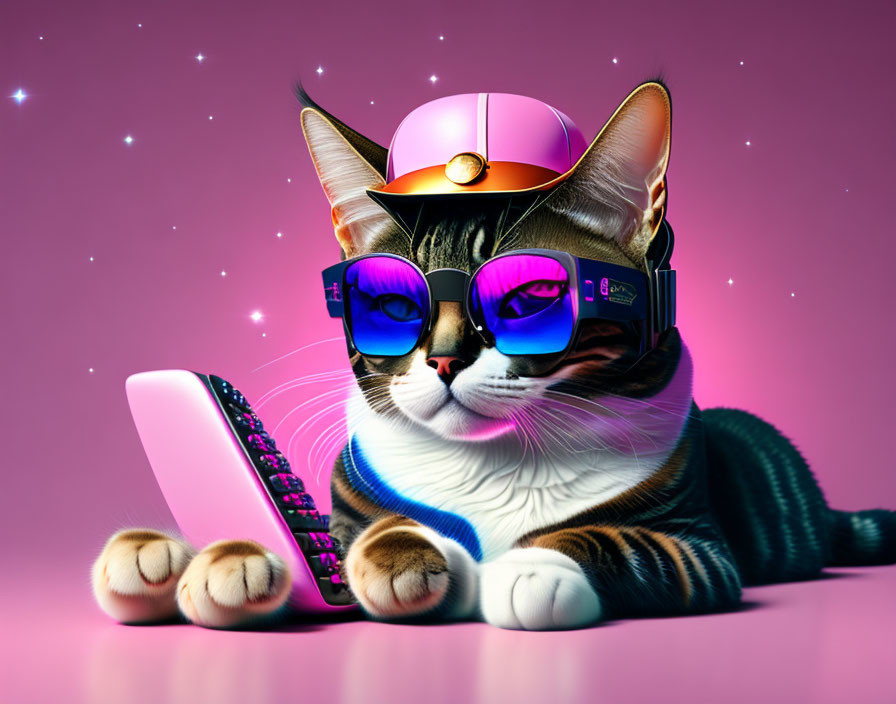 Stylized cat with pink visor and sunglasses on skateboard, purple background