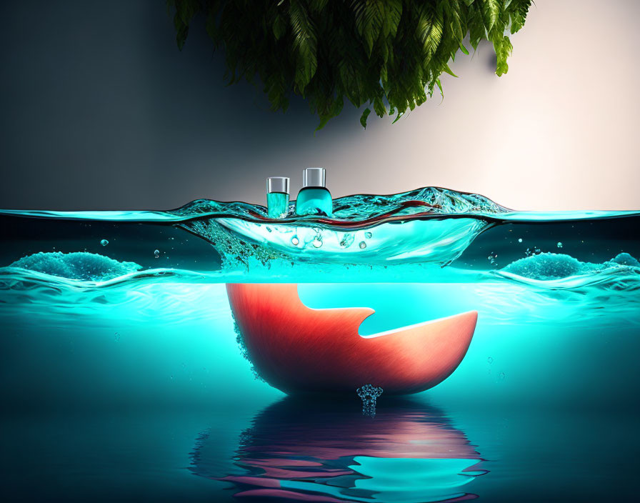 Half apple floating on water with tap and glasses, set against green foliage and dark background