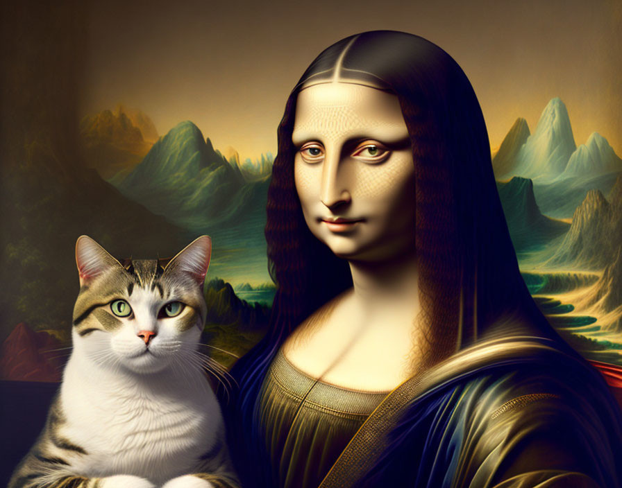 Digitally altered Mona Lisa with cat in front of mountain landscape