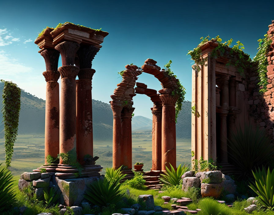 Ancient ruins with columns and archways in lush setting