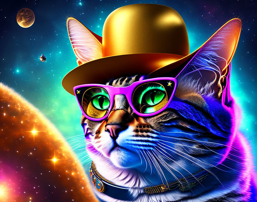 Colorful Cat with Gold Hat & Glasses in Cosmic Setting