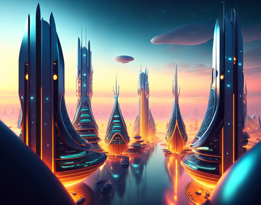 Futuristic twilight cityscape with glowing structures, waterways, and hovering vehicles.