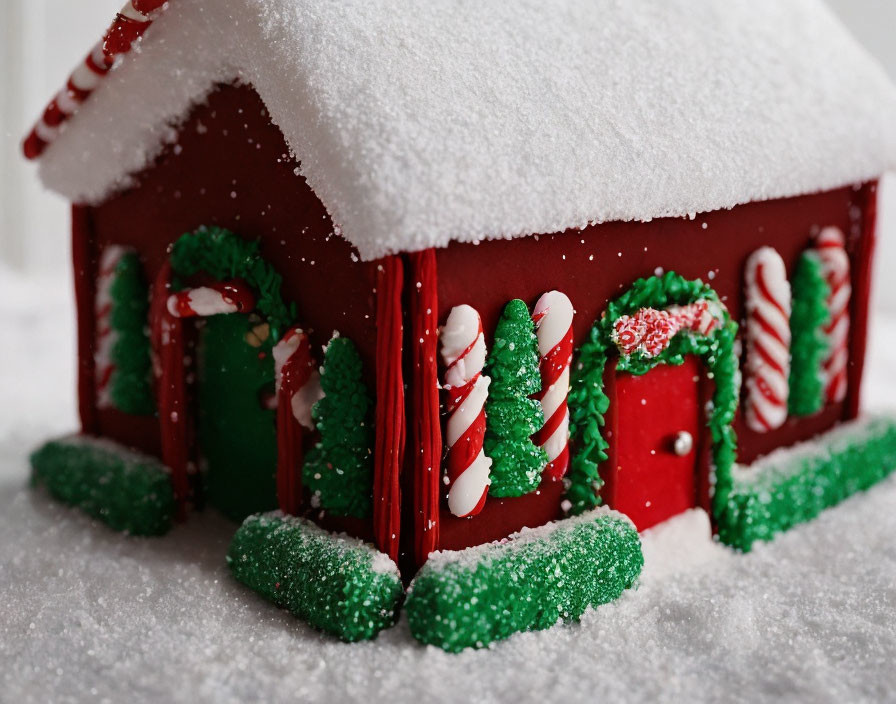 Miniature red house with candy cane decorations in snowscape