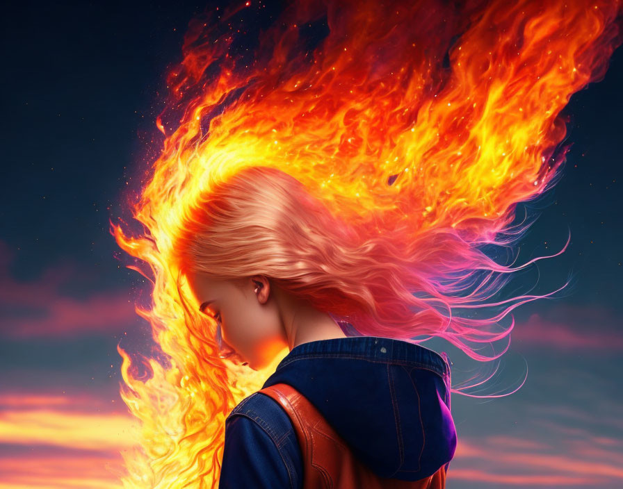 Fiery hair against vibrant sunset sky.