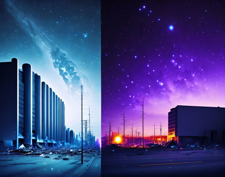 Split-image: Surreal urban & vibrant purple sky landscapes