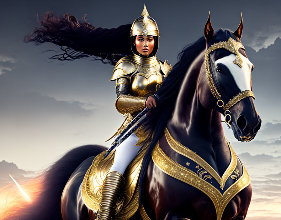 Golden-armored warrior woman on black horse at sunrise