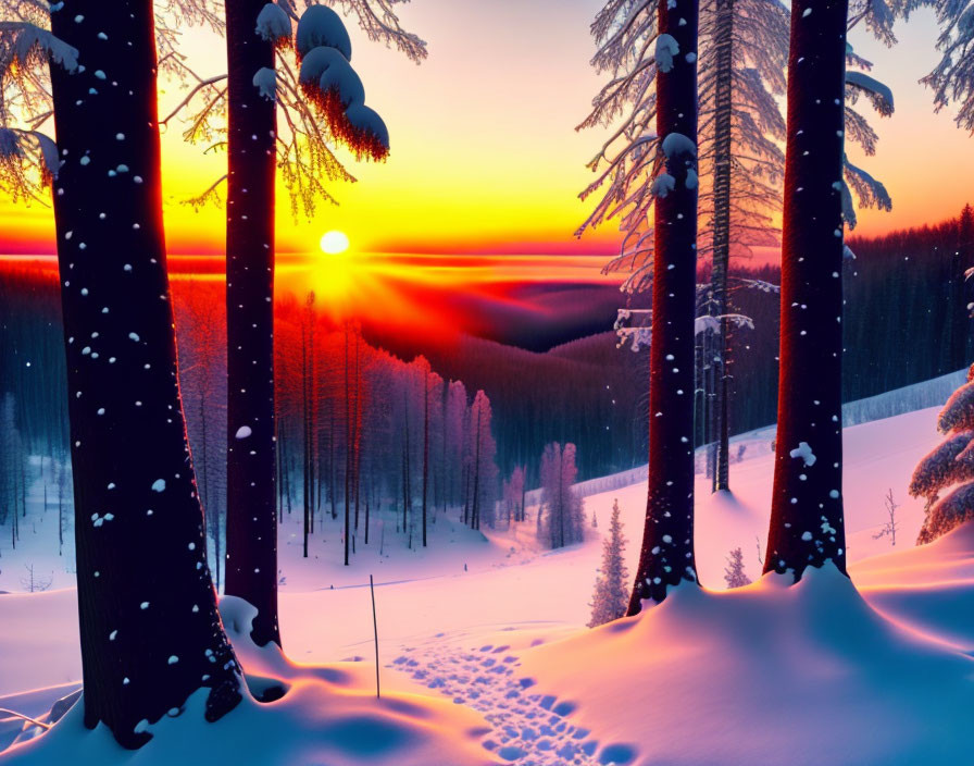 Vibrant orange and purple sunset over snowy forest