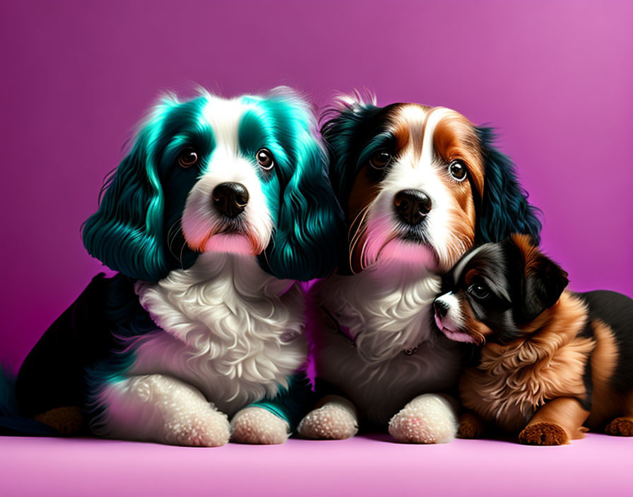 Exaggerated eyes and fluffy fur: Three dogs on purple background