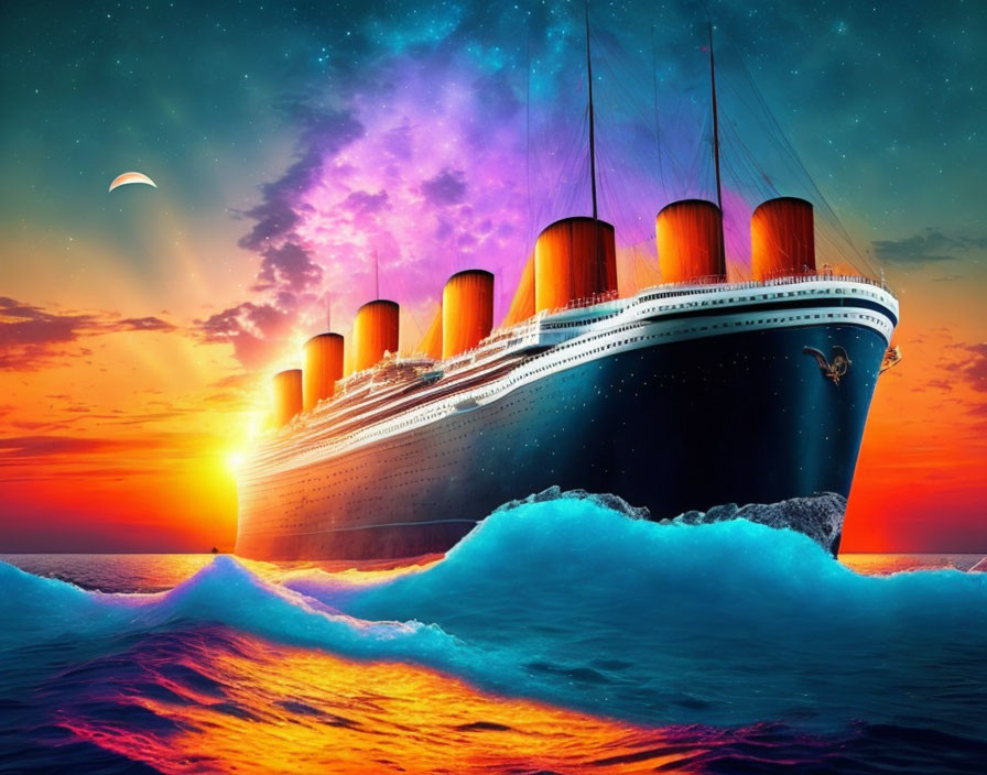 Vintage ocean liner sailing on vibrant sea at sunset