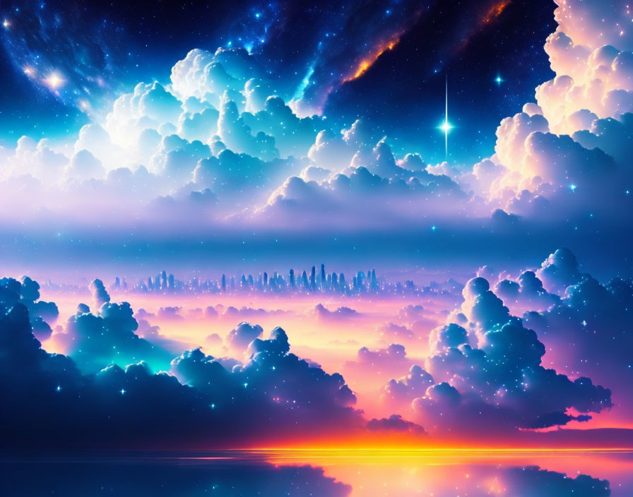 Surreal skyline digital artwork with comet and starry sky