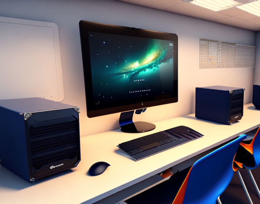 Contemporary office with dual computer towers, galaxy wallpaper on a large monitor, keyboard, mouse, and