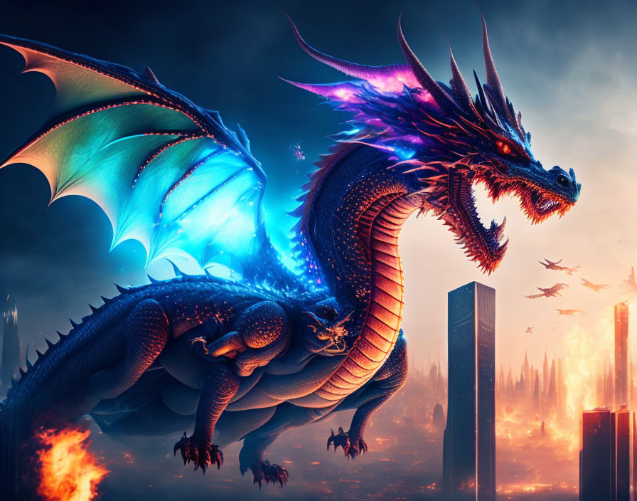 Majestic dragon perched above burning cityscape at dusk