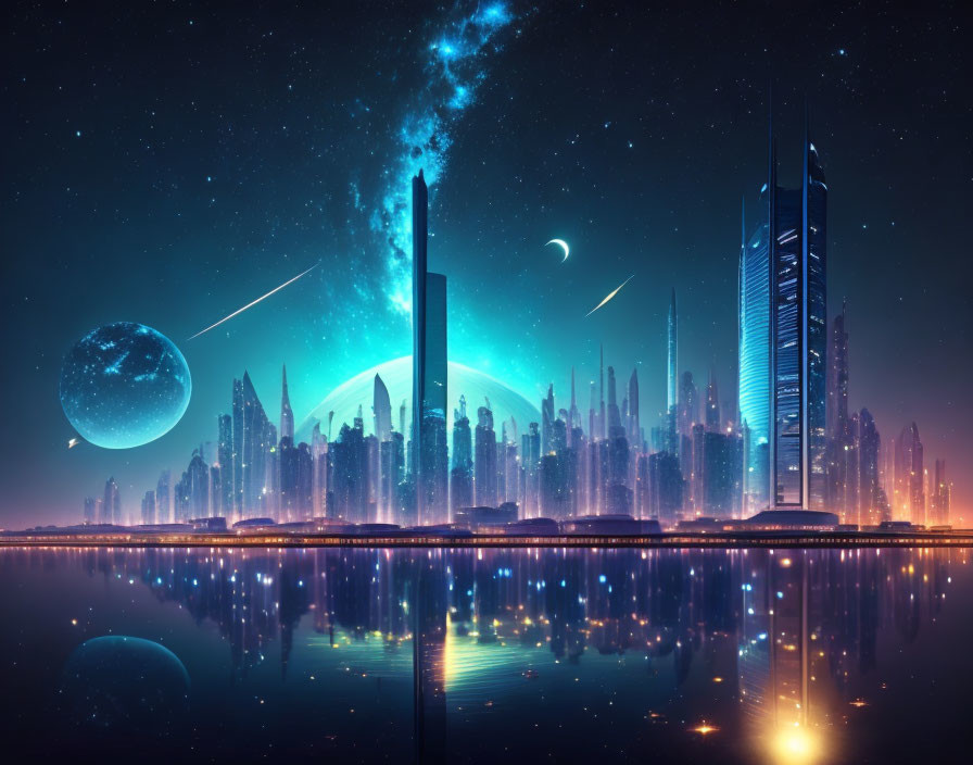 Nighttime futuristic city skyline with skyscrapers, starry sky, planets, and comet trails over