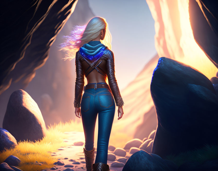 Blonde woman in futuristic attire in lava canyon