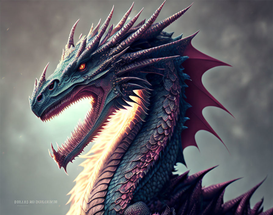 Detailed Illustration of Majestic Dragon with Sharp Scales and Red Wings