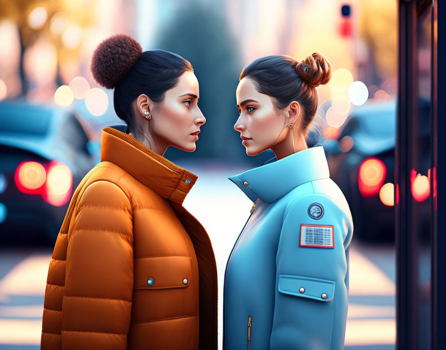 Two women in orange and blue coats on city street.