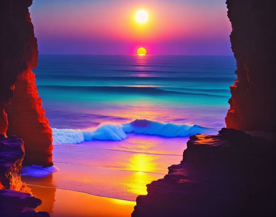 Vivid sunset between dark cliffs on serene beach