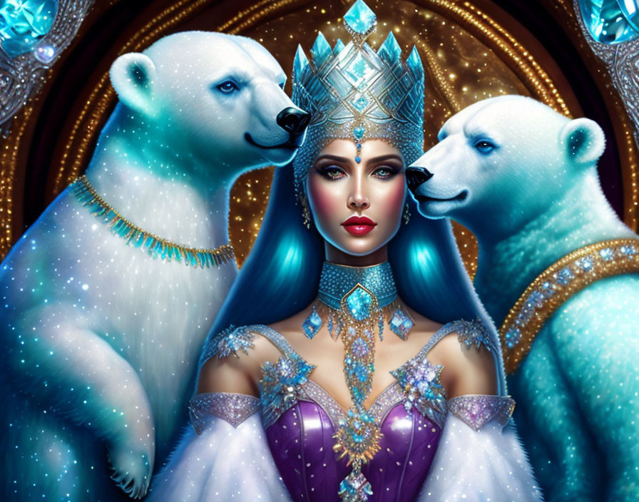 Crystal Crown Woman with Polar Bears on Golden Background