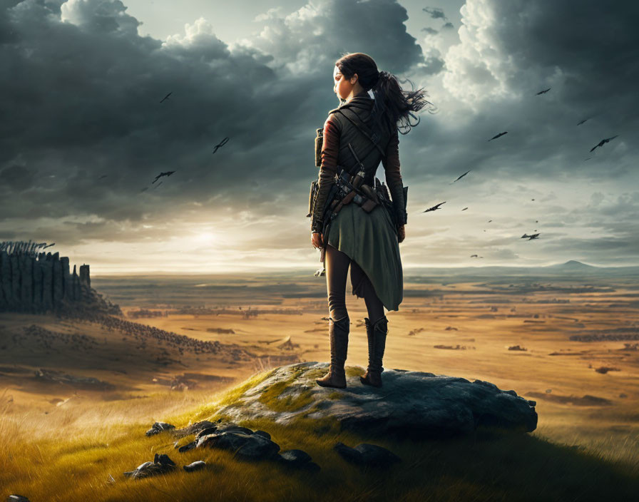 Medieval woman in warrior attire on grassy hill with golden landscape and dramatic sky.