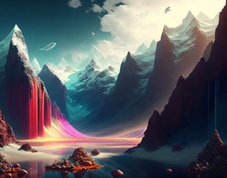 Colorful flowing waterfalls, majestic mountains, tranquil lake, and floating islands in surreal landscape