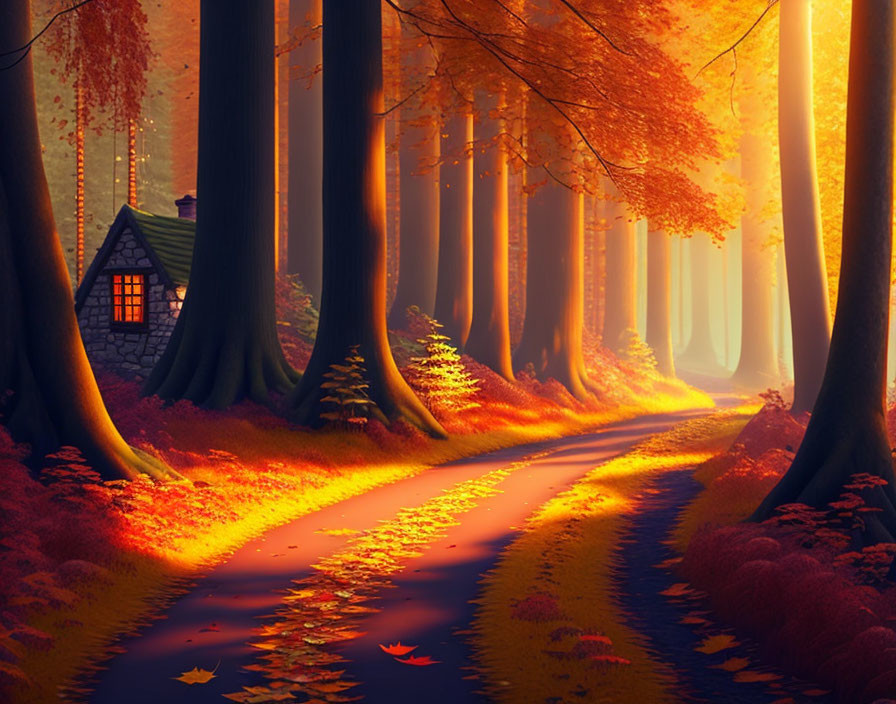 Tranquil Autumn Forest Scene with Cottage and Golden Trees