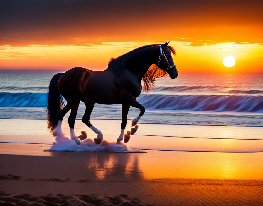 Majestic horse galloping on shoreline at vivid sunset