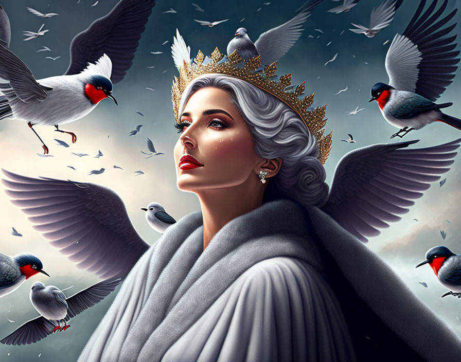 Regal woman with crown and birds in cloudy sky